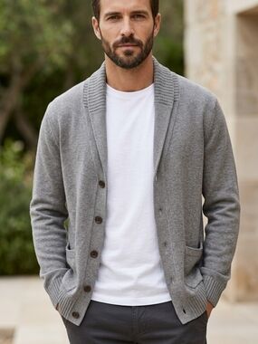 Men's Shawl Collar Gray Button-Up Cardigan Sweater